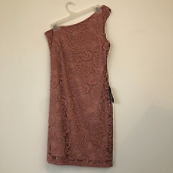 NEW NWT DUAL NATURE Lace One Shoulder Mini Dress Mauve Pink Floral Lace Medium M - Picture 10 of 12